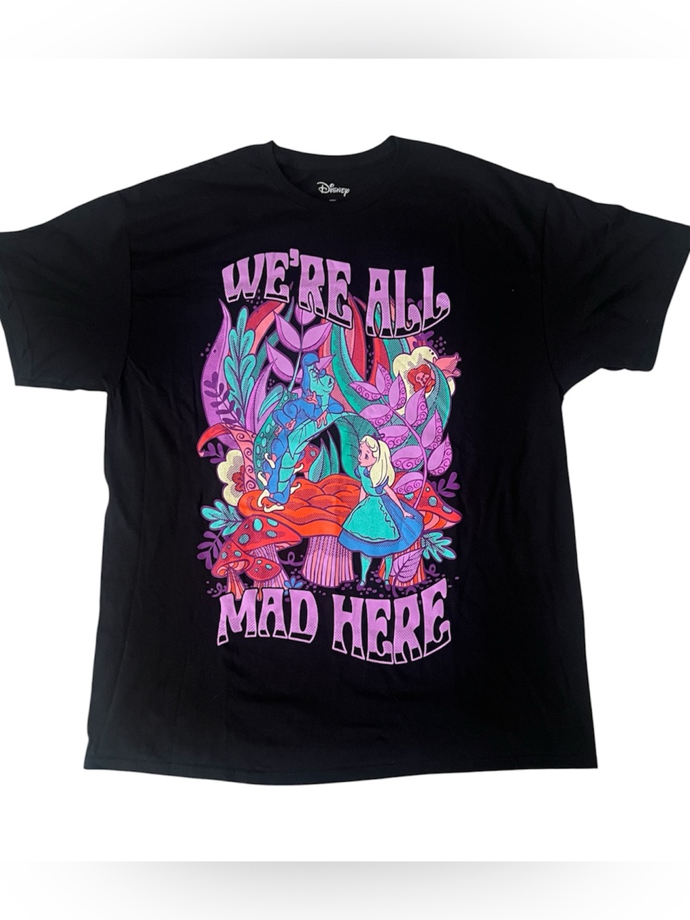 Disney Black Tee with Purple, Teal, Pink, Red and Orange Alice Design